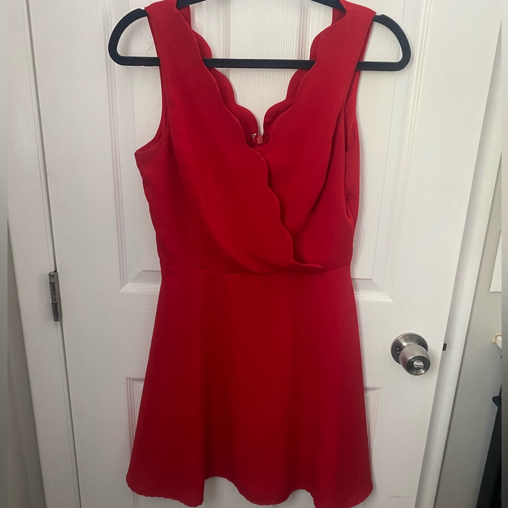 Alya Red Dress with Scalloped Neckline.